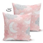 Realhomes Çift Taraflı Renkli Bulutlar Arasında Ay Yıldız Tasarımlı Dijital Baskılı Modern Süet Yastık Kırlent Kılıfı Realhomes