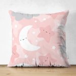 Realhomes Çift Taraflı Renkli Bulutlar Arasında Ay Yıldız Tasarımlı Dijital Baskılı Modern Süet Yastık Kırlent Kılıfı Realhomes