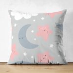 Realhomes Çift Taraflı Renkli Bulutlar Arasında Ay Yıldız Tasarımlı Dijital Baskılı Modern Süet Yastık Kırlent Kılıfı Realhomes