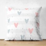 Realhomes Çift Taraflı Mint Yeşili Çizgiler Üzerine Kalp Motifli Özel Tasarım Dijital Baskılı Modern Süet Yastık Kırlent Kılıfı Realhomes