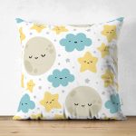 - Print - Realhomes Realhomes Çift Taraflı Renkli Bulut Ay Tasarımlı Dijital Baskılı Modern Süet Yastık Kırlent Kılıfı Realhomes