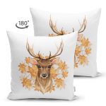 Çift Taraflı Gold Yaprak Detaylı Geyik Tasarımlı Dijital Baskılı Dekoratif Süet Yastık Kırlent Kılıfı Realhomes