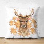 Çift Taraflı Gold Yaprak Detaylı Geyik Tasarımlı Dijital Baskılı Dekoratif Süet Yastık Kırlent Kılıfı Realhomes