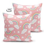 - Print - Realhomes Realhomes Çift Taraflı Pembe Zeminde Gökkuşağı Tasarımlı Dijital Baskılı Modern Süet Yastık Kırlent Kılıfı Realhomes