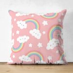 - Print - Realhomes Realhomes Çift Taraflı Pembe Zeminde Gökkuşağı Tasarımlı Dijital Baskılı Modern Süet Yastık Kırlent Kılıfı Realhomes