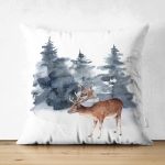 - Suet-K10345-Gorsel - Realhomes Çift Taraflı Suluboya Çizimli Geyik Tasarımlı Dijital Baskılı Modern Süet Yastık Kırlent Kılıfı Realhomes