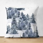 - Suet-K10346-Gorsel - Realhomes Çift Taraflı Suluboya Çizimli Kış Temalı Çam Ağaçları Dijital Baskılı Dekoratif Süet Yastık Kırlent Kılıfı Realhomes