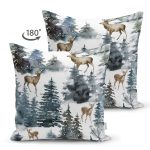 - Suet-K10347-Gorsel-1 - Realhomes Çift Taraflı Suluboya Çam Ağacı & Geyik Tasarımlı Dijital Baskılı Modern Süet Yastık Kırlent Kılıfı Realhomes