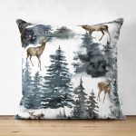 - Suet-K10347-Gorsel - Realhomes Çift Taraflı Suluboya Çam Ağacı & Geyik Tasarımlı Dijital Baskılı Modern Süet Yastık Kırlent Kılıfı Realhomes