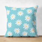 - Suet-K10377-Gorsel - Realhomes Çift Taraflı Mavi Zemin Papatya Çizimli Dijital Baskılı Modern Süet Yastık Kırlent Kılıfı Realhomes