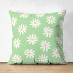 Çift Taraflı Yeşil Zemin Papatya Özel Tasarımlı Dijital Baskılı Modern Süet Yastık Kırlent Kılıfı Realhomes
