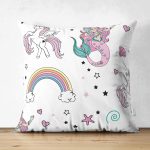 - Печать - Realhomes Realhomes Çift Taraflı Unicorn ve Deniz Kızı Tasarımlı Dijital Baskılı Modern Süet Yastık Kırlent Kılıfı Realhomes