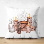 - Suet-K10390-Gorsel - Realhomes Çift Taraflı Özel Tasarım Kabak & Mum Temalı Dijital Baskılı Dekoratif Süet Yastık Kırlent Kılıfı Realhomes