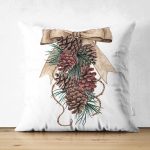 Çift Taraflı Kurdeleli Kozalak Motifli Dijital Baskılı Dekoratif Süet Yastık Kırlent Kılıfı Realhomes