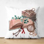 - Suet-K10397-Gorsel - Realhomes Çift Taraflı Özel Tasarım Kitap Temalı Dijital Baskılı Modern Süet Yastık Kırlent Kılıfı Realhomes