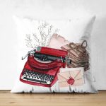 - Suet-K10398-Gorsel - Realhomes Çift Taraflı Antika Daktilo Motifli Dijital Baskılı Dekoratif Süet Yastık Kırlent Kılıfı Realhomes