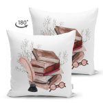 Çift Taraflı Retro Defter & Tüylü Kalem Tasarımlı Dijital Baskılı Modern Süet Yastık Kırlent Kılıfı Realhomes