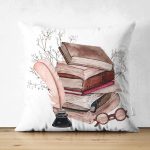 Çift Taraflı Retro Defter & Tüylü Kalem Tasarımlı Dijital Baskılı Modern Süet Yastık Kırlent Kılıfı Realhomes