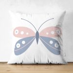 Çift Taraflı Mavi Pembe Kelebek Desenli Dijital Baskılı Modern Süet Yastık Kırlent Kılıfı Realhomes