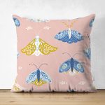 Çift Taraflı Pembe Zemin Renkli Kelebekler Özel Tasarım Dijital Baskılı Modern Süet Yastık Kırlent Kılıfı Realhomes