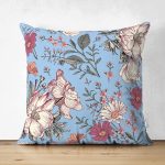 - Suet-K10415-Gorsel - Realhomes Çift Taraflı Mavi Zemin Papatya & Gül Tasarımlı Dijital Baskılı Modern Süet Yastık Kırlent Kılıfı Realhomes