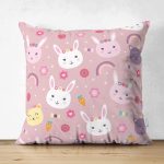 Çift Taraflı Sevimli Tavşan Ve Kedi Dijital Baskılı Özel Tasarım Modern Süet Yastık Kırlent Kılıfı Realhomes