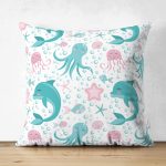 Realhomes Çift Taraflı Deniz Motifli Gülen Yunus Tasarımlı Dijital Baskılı Modern Süet Yastık Kırlent Kılıfı Realhomes