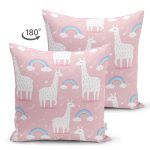 - Suet-K1115-Gorsel-1 - Realhomes Çift Taraflı Pembe Zeminde Lama Ve Gök Kuşağı Dijital Baskılı Özel Tasarım Modern Süet Yastık Kırlent Kılıfı Realhomes