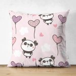 - panda09 - Realhomes Realhomes Çift Taraflı Kalpli Balon Yavru Panda Özel Tasarım Dijital Baskılı Modern Süet Yastık Kırlent Kılıfı Realhomes
