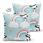 Realhomes Çift Taraflı Mavi Zeminde Gökkuşağı Motifli Panda Özel Tasarım Dijital Baskılı Modern Süet Yastık Kırlent Kılıfı Realhomes