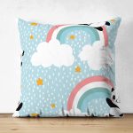 Realhomes Çift Taraflı Mavi Zeminde Gökkuşağı Motifli Panda Özel Tasarım Dijital Baskılı Modern Süet Yastık Kırlent Kılıfı Realhomes