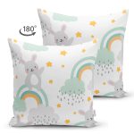 Realhomes Çift Taraflı Gökkuşağı Üzerinde Tavşan Motifli Özel Tasarım Dijital Baskılı Modern Süet Yastık Kırlent Kılıfı Realhomes