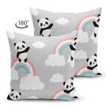Çift Taraflı Gökkuşağı Ve Panda Desenli Dijital Baskılı Özel Tasarım Modern Süet Yastık Kırlent Kılıfı Realhomes