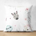 Çift Taraflı Beyaz Zeminde Sevimli Hayvanlar Dijital Baskılı Özel Tasarım Modern Süet Yastık Kırlent Kılıfı Realhomes