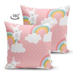 Çift Taraflı Gökkuşağı Ve Sevimli Tavşan Dijital Baskılı Özel Tasarım Modern Süet Yastık Kırlent Kılıfı Realhomes