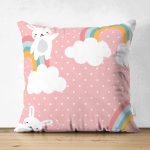 Çift Taraflı Gökkuşağı Ve Sevimli Tavşan Dijital Baskılı Özel Tasarım Modern Süet Yastık Kırlent Kılıfı Realhomes