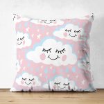 Çift Taraflı Pembe Zeminde Sevimli Bulutlar Dijital Baskılı Özel Tasarım Modern Süet Yastık Kırlent Kılıfı Realhomes