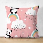 Çift Taraflı Pembe Zeminde Bulutlar Ve Panda Dijital Baskılı Özel Tasarım Modern Süet Yastık Kırlent Kılıfı Realhomes