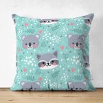 Çift Taraflı Turkuaz Zeminde Sevimli Hayvanlar Dijital Baskılı Özel Tasarım Modern Süet Yastık Kırlent Kılıfı Realhomes