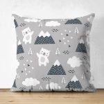 - Print - Realhomes Çift Taraflı Gri Zeminde Sevimli Ayı Desenli Dijital Baskılı Özel Tasarım Modern Süet Yastık Kırlent Kılıfı Realhomes