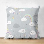 - EasterBasket - Realhomes Çift Taraflı Gri Zeminde Gökkuşağı Ve Bulutlar Dijital Baskılı Özel Tasarım Modern Süet Yastık Kırlent Kılıfı Realhomes