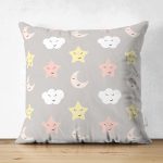 - Suet-K1175-Gorsel - Realhomes Çift Taraflı Gri Zeminde Yıldız Ve Bulutlar Dijital Baskılı Özel Tasarım Modern Süet Yastık Kırlent Kılıfı Realhomes