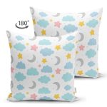 - Print - Realhomes Çift Taraflı Beyaz Zeminli Bulut Ve Ay Desenli Dijital Baskılı Özel Tasarım Modern Süet Yastık Kırlent Kılıfı Realhomes