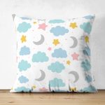 - Print - Realhomes Çift Taraflı Beyaz Zeminli Bulut Ve Ay Desenli Dijital Baskılı Özel Tasarım Modern Süet Yastık Kırlent Kılıfı Realhomes