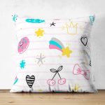 - Mobile - Realhomes Çift Taraflı Çizgili Zemin Donut Ve Çilek Tasarımlı Dijital Baskılı Özel Tasarım Modern Süet Yastık Kırlent Kılıfı Realhomes