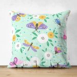 - Flower pattern with decorative insects - Realhomes Çift Taraflı Yeşil Zeminde Kelebekler Dijital Baskılı Özel Tasarım Modern Süet Yastık Kırlent Kılıfı Realhomes