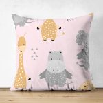 - Seamless pattern with cute animals. Elephant, lion, giraffe, hip - Realhomes Çift Taraflı Sevimli Zürafa Su Aygırı Ve Fil Motifli Dijital Baskılı Özel Tasarım Modern Süet Yastık Kırlent Kılıfı Realhomes