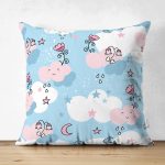 - Cute seamless pattern with cartoon clouds and flowers on blue ba - Realhomes Çift Taraflı Sevimli Bulut Temalı Dijital Baskılı Özel Tasarım Modern Süet Yastık Kırlent Kılıfı Realhomes