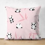 - Suet-K1218-Gorsel - Realhomes Çift Taraflı Pembe Zeminde Sevimli Panda Tasarımlı Dijital Baskılı Özel Tasarım Modern Süet Yastık Kırlent Kılıfı Realhomes