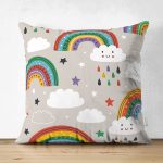 - Basic RGB - Realhomes Çift Taraflı Gökkuşağı Ve Bulut Temalı Dijital Baskılı Özel Tasarım Modern Süet Yastık Kırlent Kılıfı Realhomes